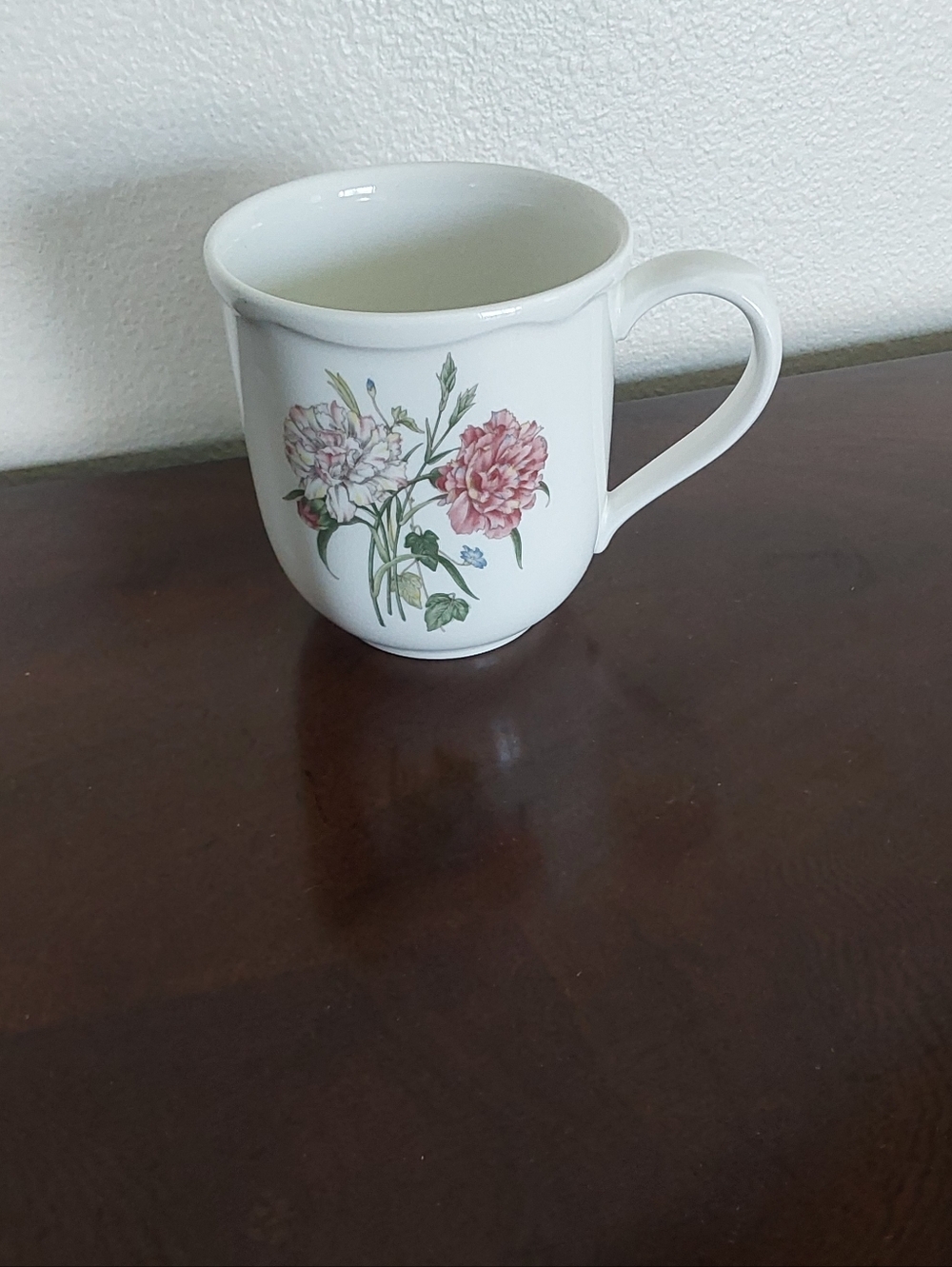 White Floral Ceramic Coffee Mug - Pink Carnation Flower Design